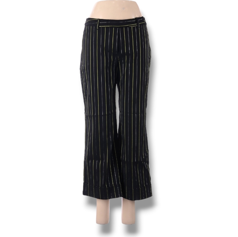 Yoana Baraschi Dress Pants Size 6 Navy Blue Yellow Striped Flare Cropped Stretch